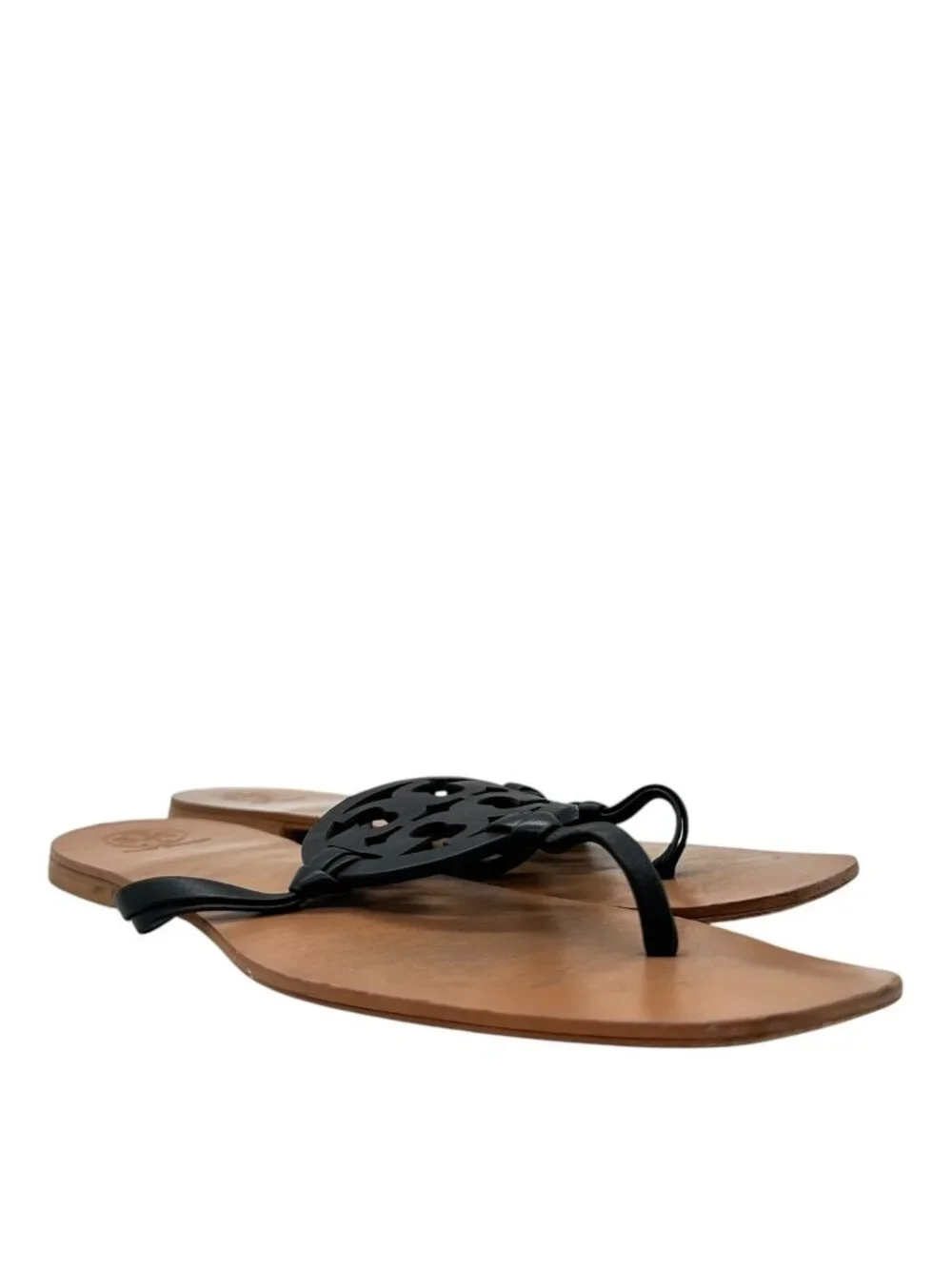 Tory Burch Miller Square Toe Thong Sandal 9.5 Flat Slip On Logo Luxury Flip Flop